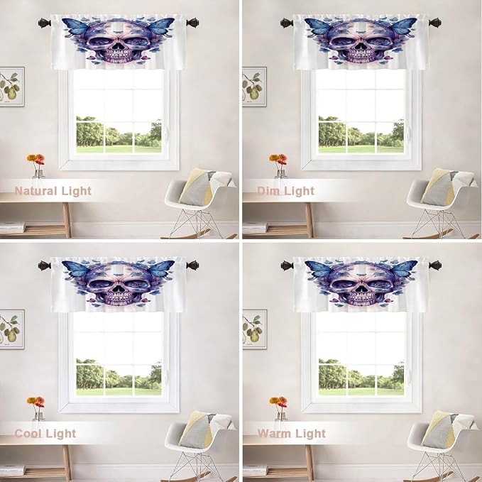 Shrahala Halloween Watercolor Skull Blackout Short Curtains for Windows, Purple Blue Gothic Butterflies Flowers Kitchen Valance Thermal Insulated Rod Pocket Window Treatment 2 Pack 52 X 16 in