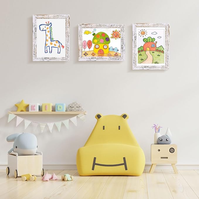 KINLINK 9x12 Kids Art Frame 2 Pack, Solid Wood Artwork Frames Changeable, Front Opening Hold 150 Pictures, Art Frames for Kids Artwork, 8.5x11 with Mat 9x12 without Mat, Picture Frames Rustic White