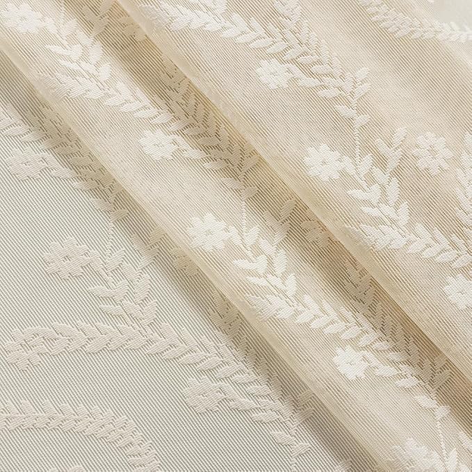 WAZZIO Boho Lace Curtains 2 Panels 102 Inches -Cute Vintage Victorian Sheer Panel Drape French Country Floral Pattern & Tassel Light Filtering Privacy for Bedroom Dining Living Room,Beige,W52x L102
