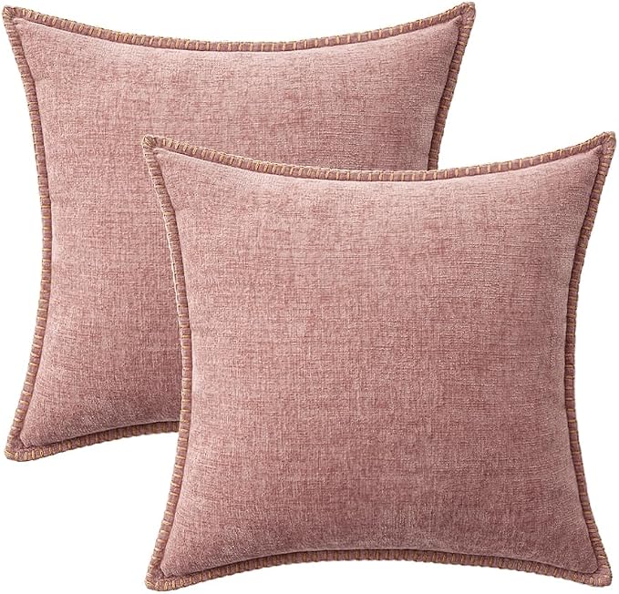 MIULEE Pack of 2 Valentines Couch Throw Pillow Covers 18x18 Inch Blush Pink Farmhouse Decorative Pillow Covers with Stitched Edge Soft Chenille Solid Dyed Pillow Covers for Sofa Bed Living Room