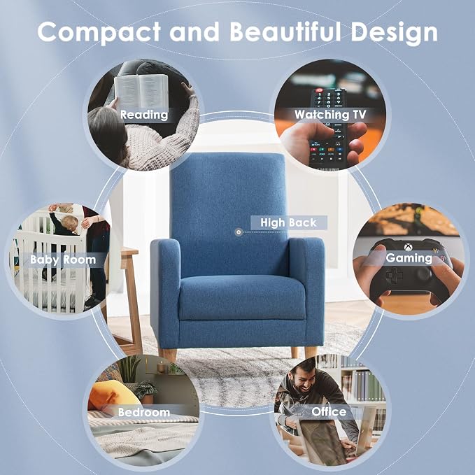 COLAMY Mid-Century Modern Accent Chairs Set of 2, Fabric Upholstered Living Room Chairs with Back Pillow & Solid Wood Legs, Comfy Armchair for Living Room, Bedroom, Single Sofa, Blue