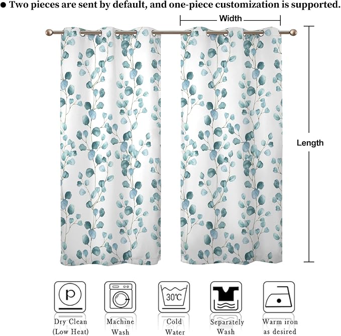 Renaiss Eucalyptus Leaf Curtains Green Eucalyptus Print Blackout Window Drapes for Bedroom Botanical Grommet Top Thermal Insulated Window Curtains for Living Room 29W x 45L 2 Panel Set
