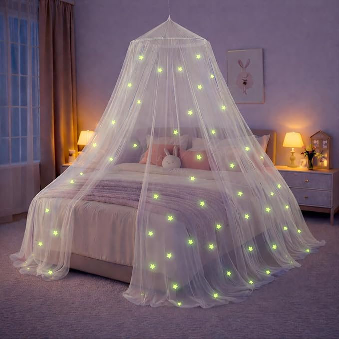 Bollepo Bed Canopy for Girls Bed with Glowing Stars - Princess Room Decor, Ceiling Net to Cover Toddler | Full, Twin Size Kids Bed, Fire Retardant Fabric (White - Stars)