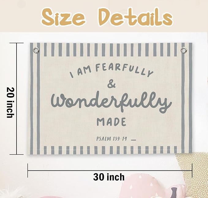 RTXLEZM Christian Nursery Decor, I Am Fearfully and Wonderfully Made | Christian Canvas Banner Wall Hanging, Retro Religious Wall Art for Bedroom Kids Room Classroom Playroom Nursery ,20x30