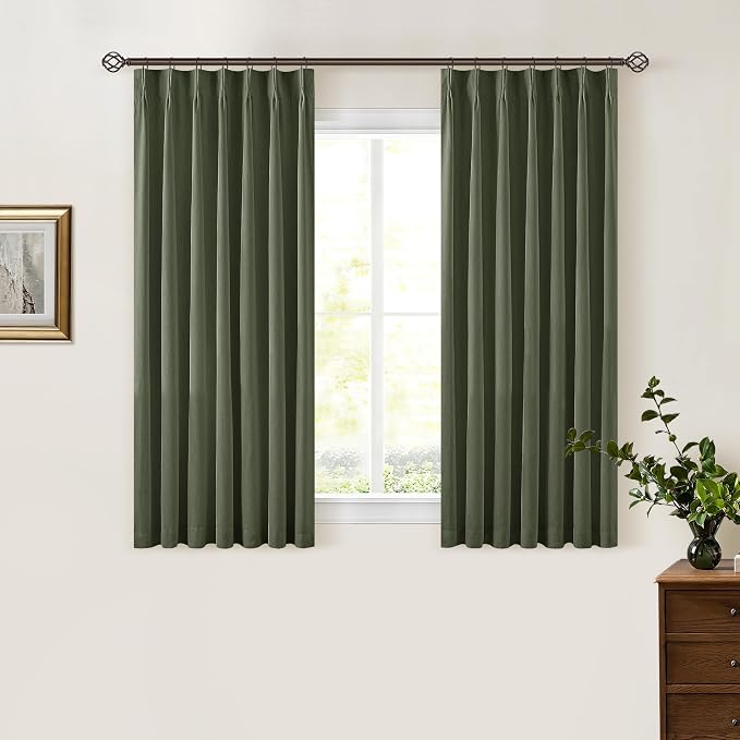 Olive Green Linen Blackout Curtains 45 Inch Length 2 Panels Pinch Pleated Back Tab Short Curtains for Kitchen with 100% Blackout Liner Neutral Farmhouse Drapes for Basement Thermal Insulated Drape
