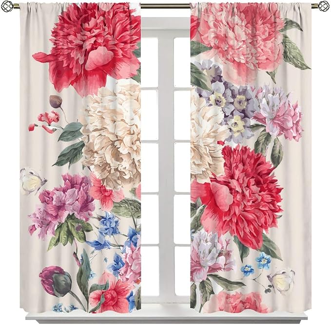 Floral Blackout Window Curtain Vintage Bouquet of Peony Wild Flowers Nature Botanical Leaf for Home Kitchen Livingroom Coffee Room Curtains Drapes 2 Panels 63x72in
