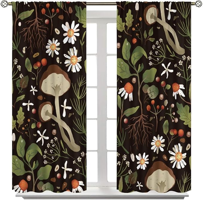 Rustic Mushroom Curtains, Vintage Woodland Wild Chamomile Flowers Mushroom Plants Leaves Print Blackout Window Drapes for Kitchen Bedroom Livingroom, 42" W X 63" L