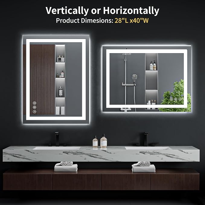 40"x28" LED Bathroom Mirror with Lights for Vanity, Anti-Fog & Dimmable 3-Color, Stepless Brightness Adjustable Wall Mounted Mirror for Bathroom Makeup Shaving
