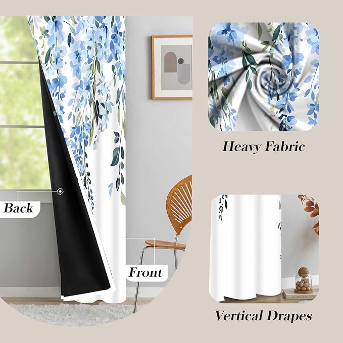 Blue Watercolor Floral Curtains, Botanical Leaves Vine Flowers Curtain, Rustic Farmhouse Flower Leaf Blackout Window Treatment Drapes for Bedroom Living Room 42x72 inch, 2 Panels