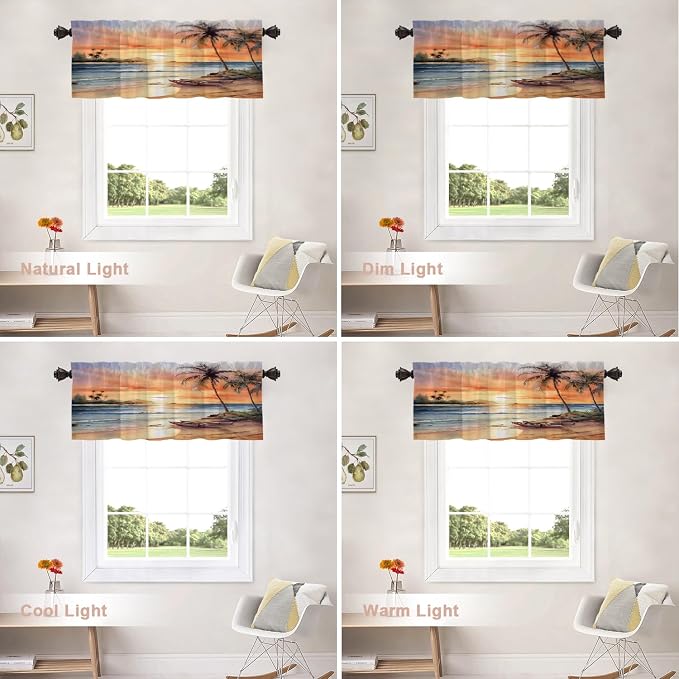 Shrahala Summer Sunset Beach Kitchen Valances, Tropical Seaside Scene Half Window Curtain Window Treatment Multilayer Polyester Blackout for Living Room Bathroom 2 Pack 52 X 16 in