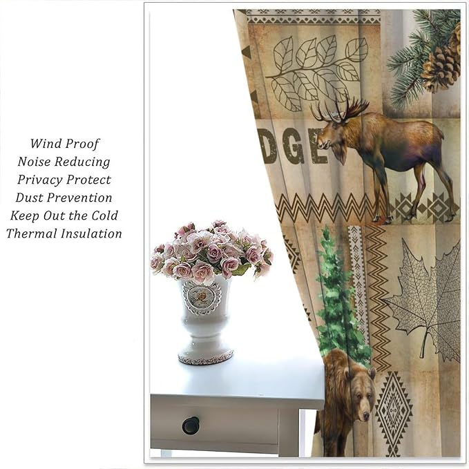 Country Bear Deer Blackout Curtains for Kitchen Vintage Farmhouse Plaid Hunting Forest Lodge Wildlife Bear Elk Pinecone Lake Window Treatments for Farmhouse Bedroom Living Room 42x45in