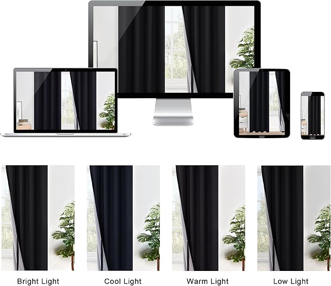XWZO 100% Blackout Curtains 54 Inches Length with Tiebacks- Full Shade Thermal Insulated Double Layer with Black Liner for Bedroom/Living Room, Rod Pocket & Back Tab, Black, W52 x L54, Set of 2