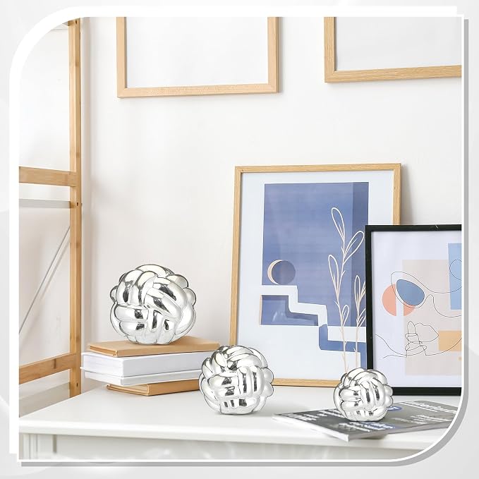Wenqik Silver 3 Pcs Knot Decor, Chain Link Coffee Table Bookshelf Decor Accents, Entry Table Ceramic Aesthetic Minimalist Decorative Objects for Modern Home Living Room Decoration 3 Sizes