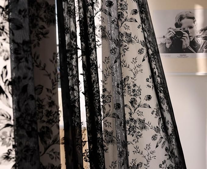 Treatmentex Black Floral Lace Curtains 63" Length for Bedroom, Exquisite 3D Floral Knitted Rose Sheer Window Drapes for Living Room, Studio. Modern Gothic Sheer Lace Curtains. 52" W 2Pack, Rod Pocket