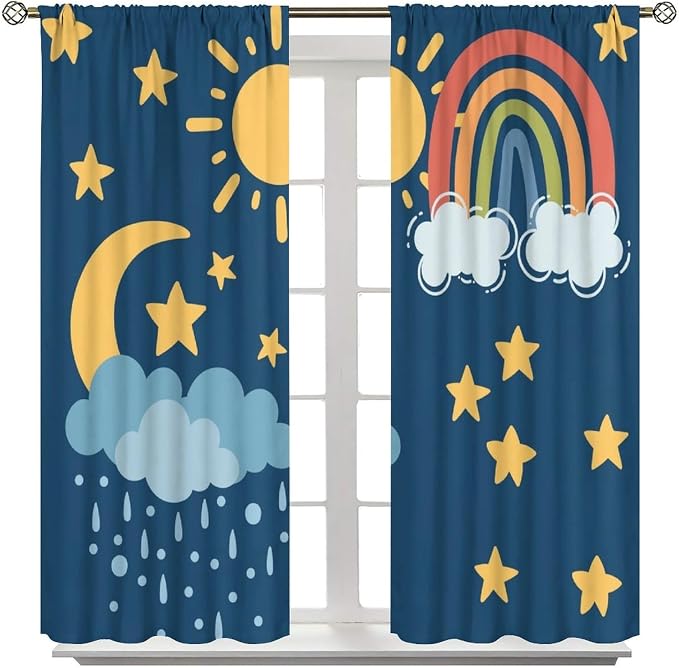 Sun Moon Blackout Curtains, Rainbow Cartoon Cute Moon Sun Star Cloud Colorful Window Drapes, for Kids Bedroom Living Room 55" W X 63" L