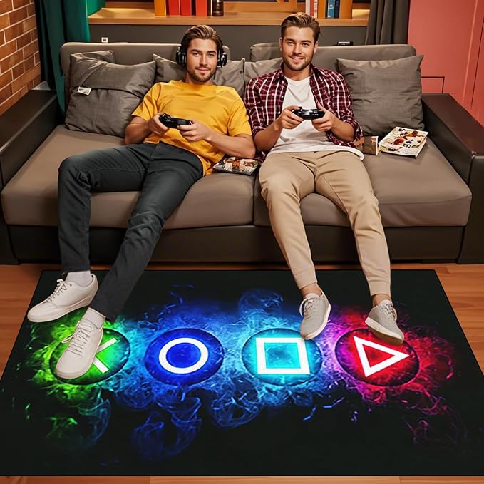 Gaming Rug 5x7 Feet Black Video Console Controller Gamer Rug for Boys Room, Non-Slip Teens Boys Game Room Rugs Bedroom Playroom Livingroom