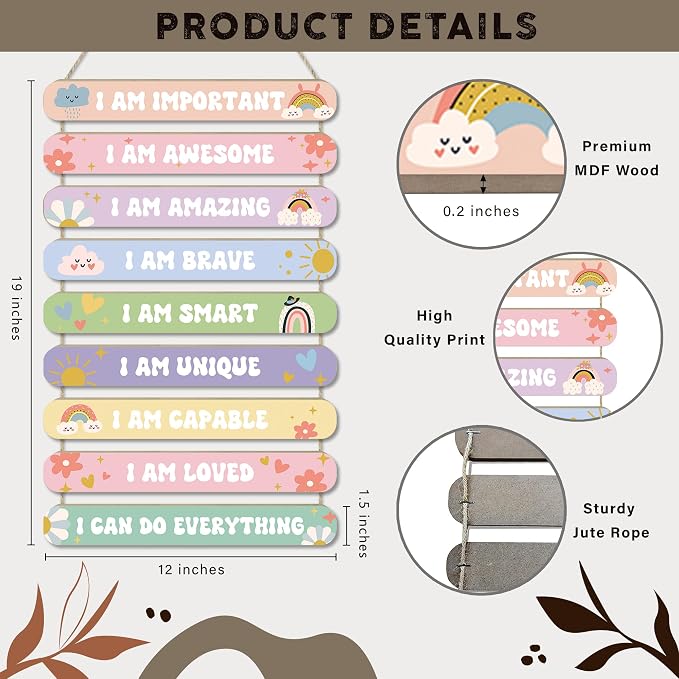 MONALET Pastel Boho Inspirational Wall Decor for Girls Kids Room Nursery Toddlers Playroom Classroom, Positive Affirmations Hanging Wooden Signs Decorations, I Am Loved Wall Art Wood Plaque 9Pcs 12x19