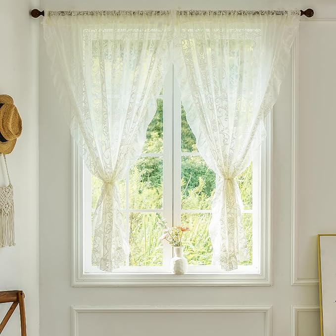 TUDECO Short Lace Curtains 63 Inch Length - Cottagecore Embroidered Sheer Ruffle Floral Drapes for Bedroom Nersury Vintage Rod Pocket Cream Lace Curtains 2 Panels, 59 x 63 Inch, Ivory