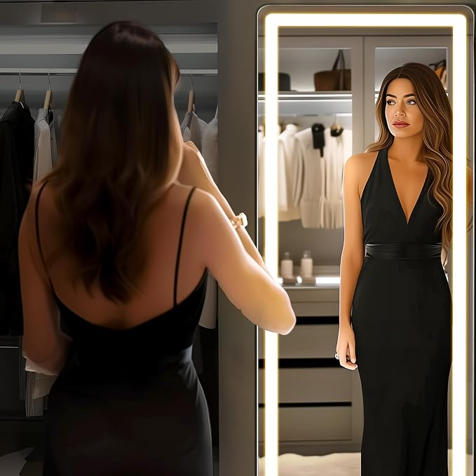 DUMOS Full Length Mirror Lighted, 26"x70" LED Floor Standing Mirror | LED Lights 3 Color Lighting and Shatterproof Tempered Glass, Wall Hanging or Leaning, Floor Standing, Modern Home Decor