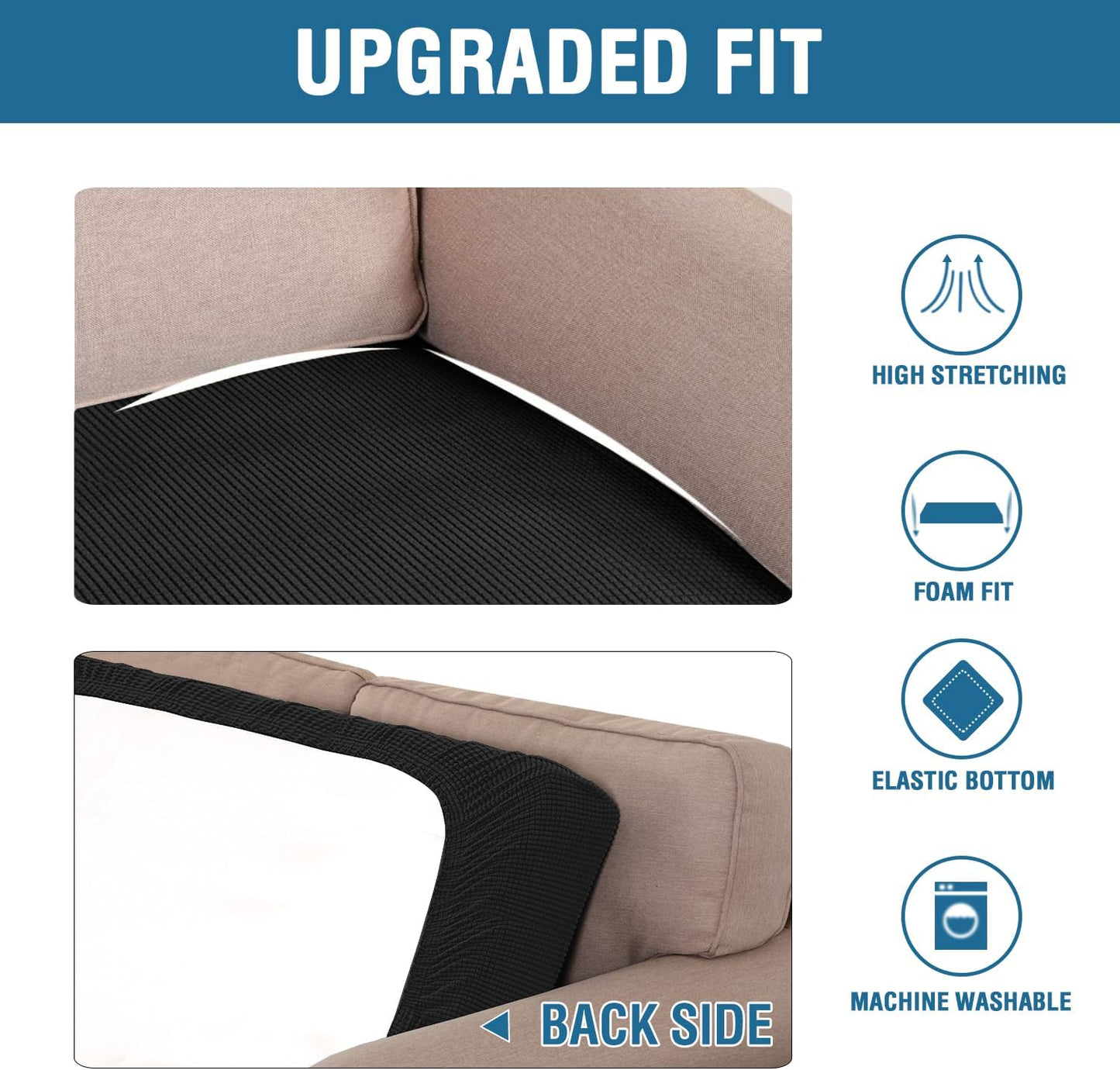 H.VERSAILTEX Super Stretch Individual Seat Cushion Covers Sofa Covers Couch Cushion Covers Slipcover Sets Thick Jacquard Textured Twill Fabric (1 Piece Chair Cushion Cover, Black)