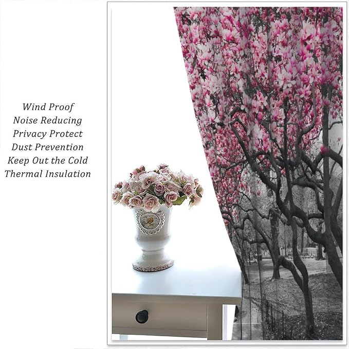 Cherry Blossom Forest Blackout Curtains for Kitchen,Vintage Rustic Pink Cherry Blossom Trees Forest Nature Landscape Window Treatments Print for Girls Kids Bedroom Living Room 42x63in