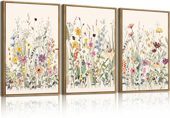 BINCUE Wildflower Wall Art Large Floral Wall Painting Neutral Print Pictures Framed Flower Wall Decor Wildflower Artwork Flowers Pictures Floral Art Prints for Living Room Bedroom Bathroom Farmhouse 24x36 Inches Set of 3 Gift