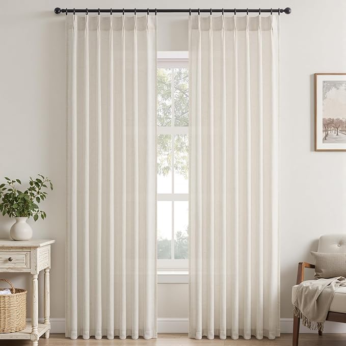 Topfinel Pinch Pleated Curtains 90 Inches Long 2 Panels Set,Birch Semi Sheer Cotton Blend Fabric Aesthetic Advanced Curtain Drapes for Living Room Bedroom,40x90 inch Length,Natural