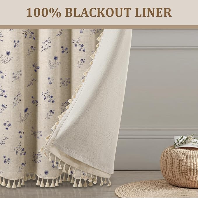 Boho Floral Spring 100% Blackout Curtains 84 Inch Length 2 Panels Set, Linen Texture Farmhouse Curtains with Beige Tassel for Living Room Bedroom, Vintage Rustic Rod Pocket, Dark Blue
