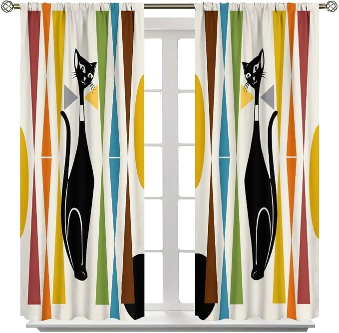 JESTRONRY Mid Century Style Curtains,Black Cat Modern Abstract Geometric Vintage Colorful Shape Pattern Theme Home Fabric Living Room Bedroom Kitchen Bathroom Decor 72x63in