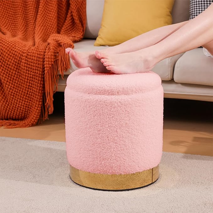 Round Ottoman with Storage Set of 2 Vanity Stool Small Ottoman Coffee Table, Foot Stool, Removable Lid, Vanity Chair for Living Room, Bedroom, Hallway, Assembly Free (Pink)