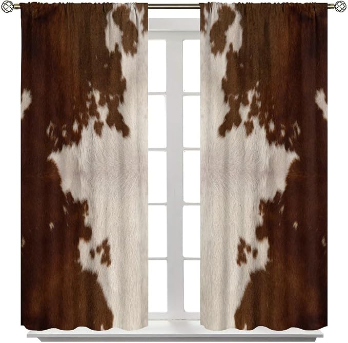 Cowhide Blackout Curtains, Rustic Farm Brown White Cowhide Animal Fur Western Rod Pocket Curtain Window Treatments 2 Panels Drapes for Dining Room Office Living Room Deocr 63" W X 72" L