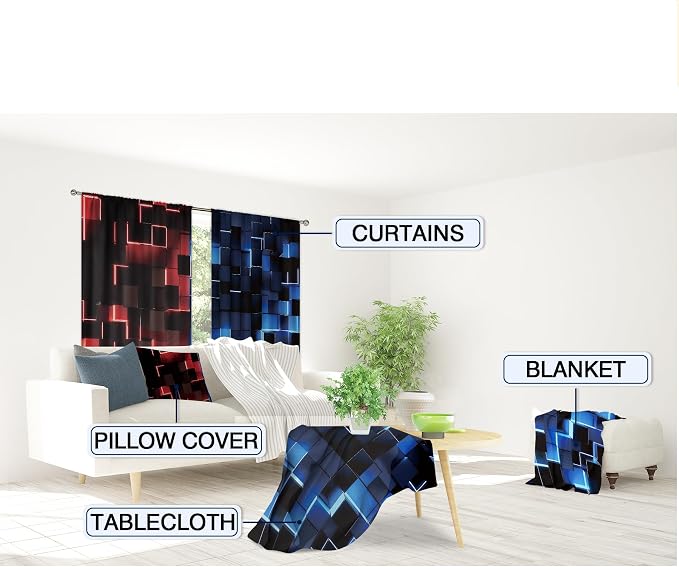 MESHELLY Red and Blue Curtains 42Wx63H Inch Rod Pocket Abstract 3D Cubes Gradient Design Cool Modern Men Boys Game Gaming Checkered Bedroom Window Drapes Aesthetic Printed Living Room Window Treatment