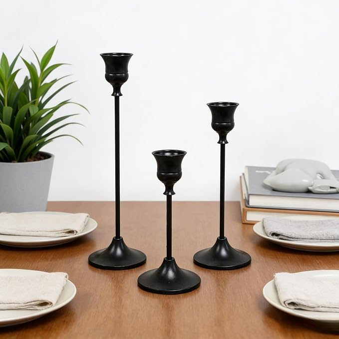4 Sets(12 Pcs) Candle Stick Holders,Black Metal Taper Candle Holders, Vintage Modern Decorative Centerpiece Candlestick Holders for Table Mantel Wedding Housewarming Gift