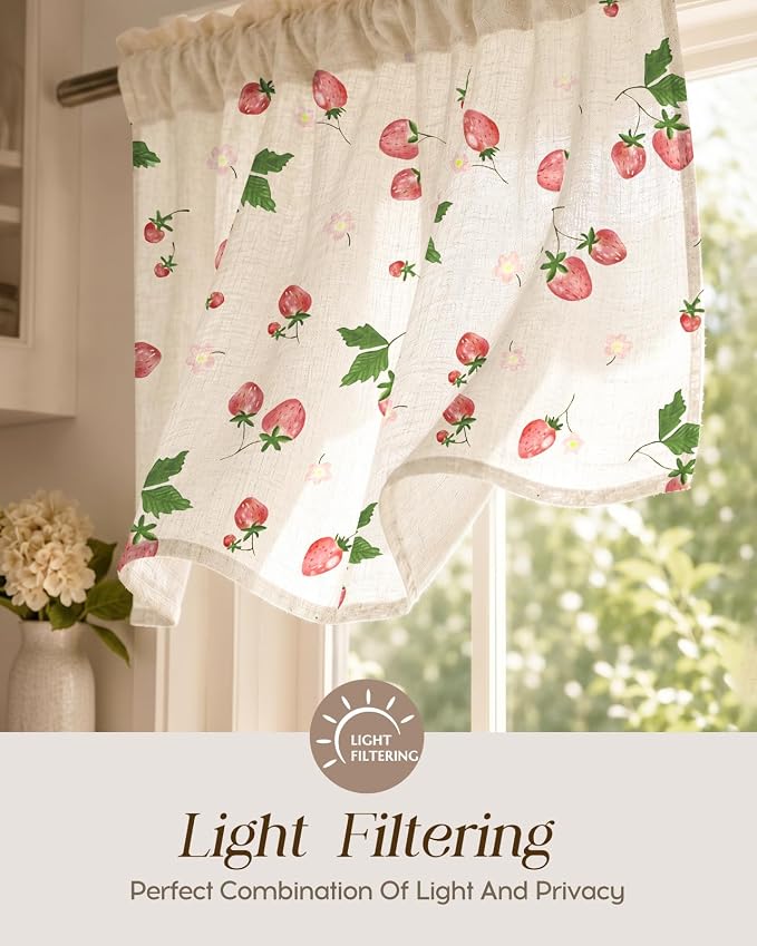 Miss Adola Valance Curtain for Windows - 16 Inch Linen Blend Farmhouse Strawberry Valance for Kitchen Living Room Bedroom Bathroom Short Curtain with Rod Pocket, 1 Panel
