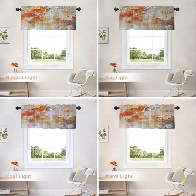 Shrahala Brushstrokes of Paint Blackout Short Curtains for Windows, Orange Grey Canvas Texture Kitchen Valance Thermal Insulated Rod Pocket Window Treatment for Bathroom 2 Pack 52 X 18 in