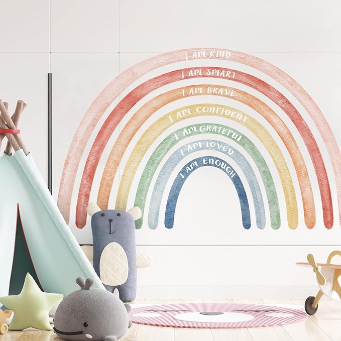 Tinideya 77" x 47'' Large Watercolor Rainbow Wall Decal with Inspirational Quote, Peel and Stick Rainbow Stickers Watercolor Vinyl Wall Mural Art for Girls Toddlers Playroom Bedroom Classroom(Cute)