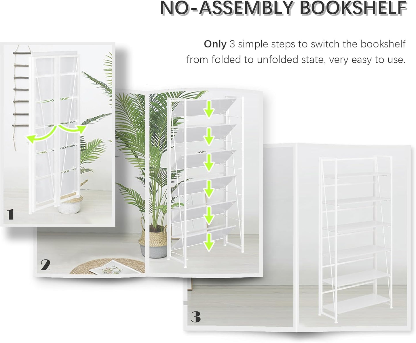 4NM No Assembly Foldable Bookshelf, 6-Shelf Collapsible Bookcase Storage for Small Spaces, 74" H, All White
