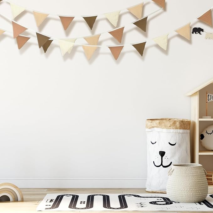 Oudain 2 Pcs Pennant Banner Flags Nursery Garland Triangle Bunting Flags Playroom Wall Decor Banner for Nursery Baby Shower Birthday Boho Wedding Party Event, Each 7.75 ft(Khaki Colors)
