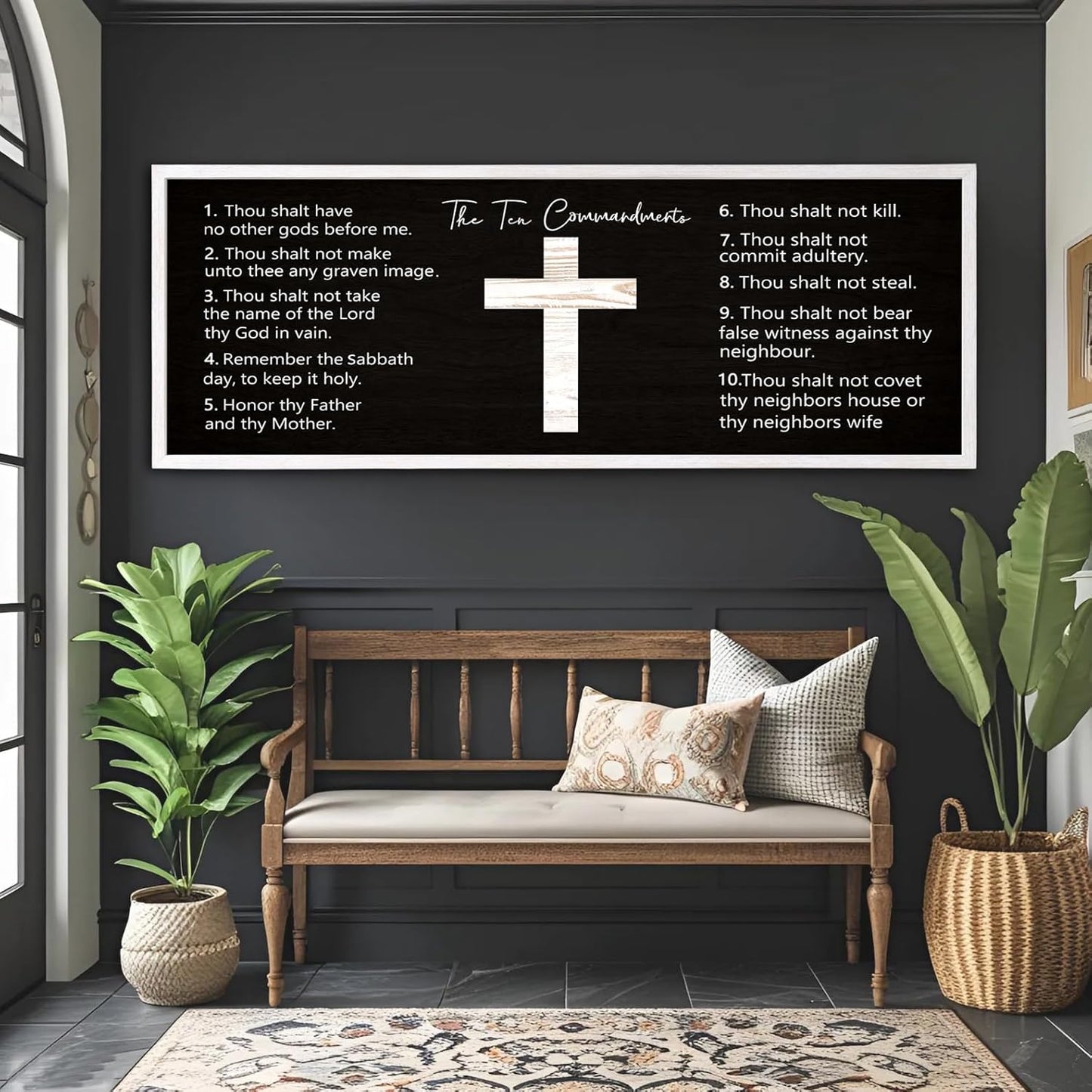 Ten Commandments Rustic Bible Verse Framed Wall Decor, 40" x 15", Religious Christian Slogan Representing a Prayer to God Jesus Christ, Vintage Horizontal Holy Inspirational Catholic Scripture Decor