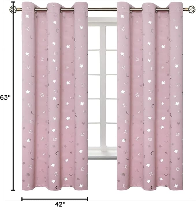 BGment Pink Curtains for Girls Bedroom, Star and Moon Blackout Curtains for Kids Room 63 Inch Long, Thermal Insulated Room Darkening Nursery Window Curtains with Grommet, 2 Panels, 42 Wide, Light Pink