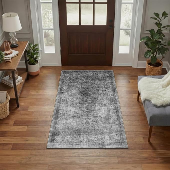 Homemate Washable Rug 4x6 Area Rugs - Vintage Faux Wool Rugs for Living Room Bedroom Dining Room - Non Slip Foldable Carpet Indoor Area Rug for Home Decor(4'x6', Black
