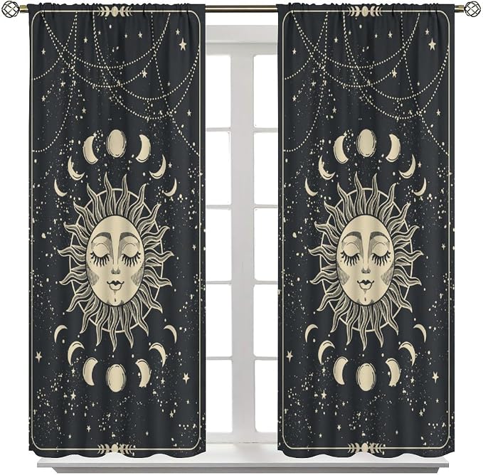 Sun Moon Blackout Curtains, Sun Moon Phases Stars Magic Bohemian Golden Mystical Window Treatment Drapes for Bedroom Living Room 84" W X 84" L