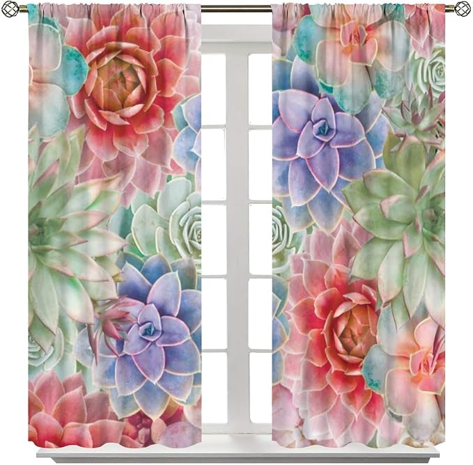 Boho Cactus Floral Curtain Tropical Colorful Succulent Plants Beautiful Flower Retro for Home Kitchen Restaurant Decoration Drapes 2 Panels 42x54 Inch
