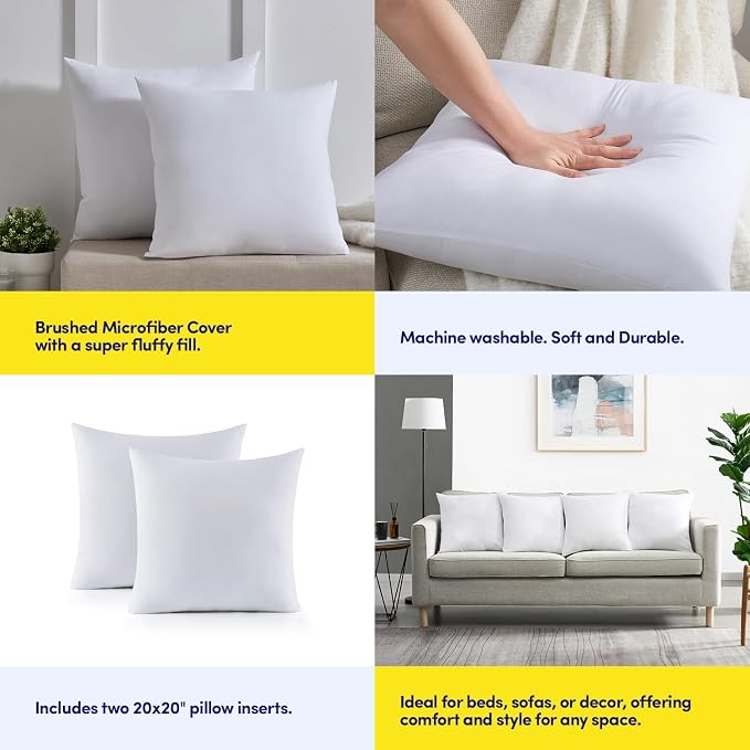 20X20 Pillow Inserts - Throw Pillow Set - Cushion Inserts for Decorative Throw Pillows Covers - Soft & Supportive Pillows for Couch, Sofa, Bed, or Chair, 2 Pack - 20" x 20"