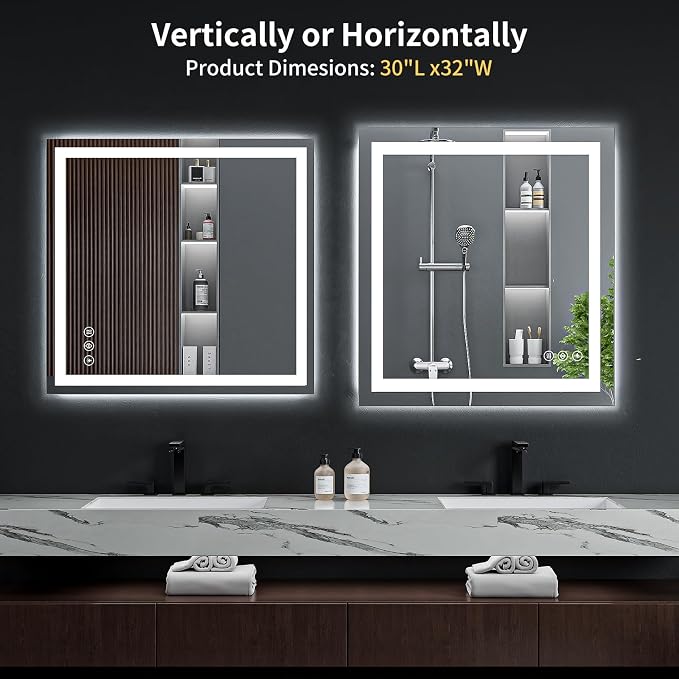 30"x32" LED Bathroom Mirror with Lights for Vanity, Anti-Fog & Dimmable 3-Color, Stepless Brightness Adjustable Wall Mounted Mirror for Bathroom Makeup Shaving