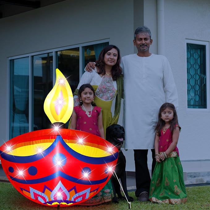 VIHOSE 4.27 ft Happy Diwali Inflatables Outdoor Decorations Diyas Oil Lamp Blow up Yard Decor Tea Light Style Indian Diwali with Built in LED Lights for Hindu Party Deepavali Home Garden Yard Lawn