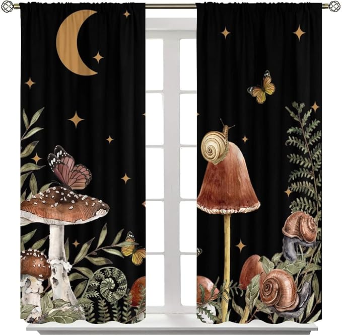 Retro Mushroom Blackout Curtains,Snail Butterfly Window Drapes,Boho Night Plants Leaves Moon Star Botanical for Living Room Kitchen Bedroom,Black Background 42x63in