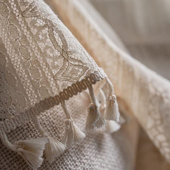 Sutuo Home Boho Curtain Crochet Lace Semi-Sheer Florals Hollow Knitted Handmade Tassels, Rod Pocket Window Treatment Vintage Rustic Farmhouse Drapes for Living Bedroom, 1 Panel 59" W x 84" L, Beige