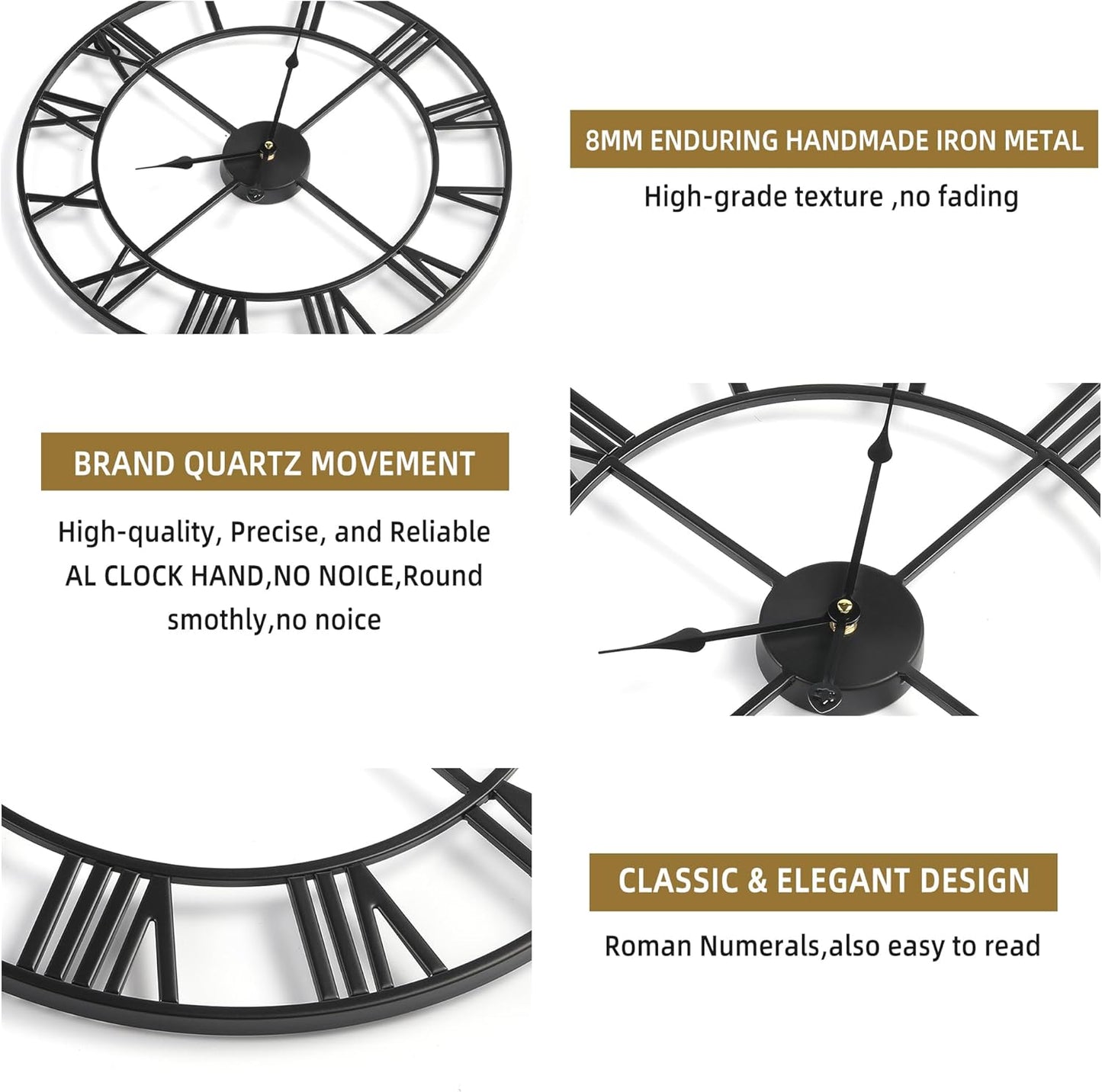 Large Wall Clock For Living Room Decor - 80cm/ 32 Inches Nearly Silent Non-Ticking Metal Wall Clocks Battery Operated, Vintage Decorative Modern Wall Clock For Bedroom, Office, Farmhouse Decor