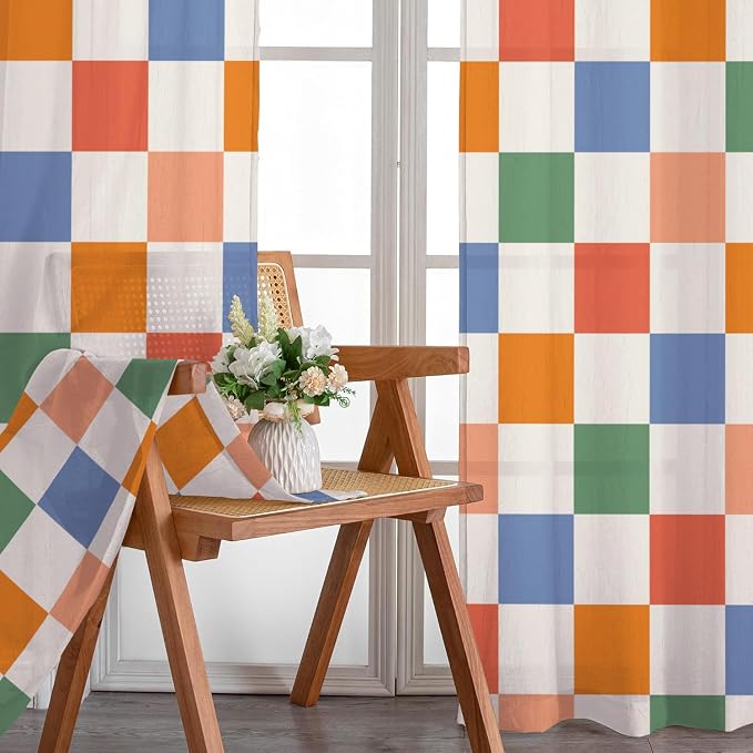 Colorful Checkered Curtains for Bedroom,Rod Pocket 60s 70s Semi Sheer Curtains Farmhouse Retro Checkerboard Light Filtering Drapes for Living Room,Set of 2 Window Curtain Panels,52 x 84 Inch